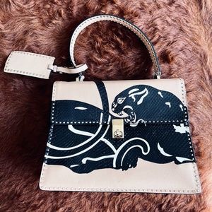 Metal Stitch with Panther Motif Calfskin Tote Beige Black Leather Shoulder Bag